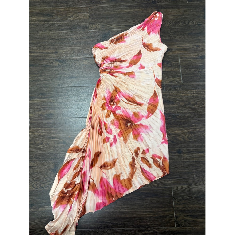 VICI One-Shoulder Pleated Floral Midi Dress Pink Brown Women's Small